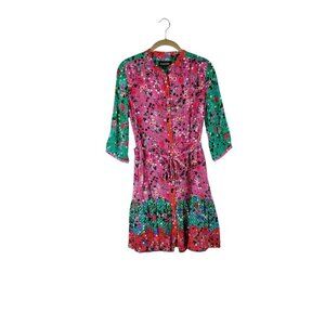 Saloni Tyra Shirt Dress in Tie-Dye Meadow Green Pink Floral Silk US Size 4